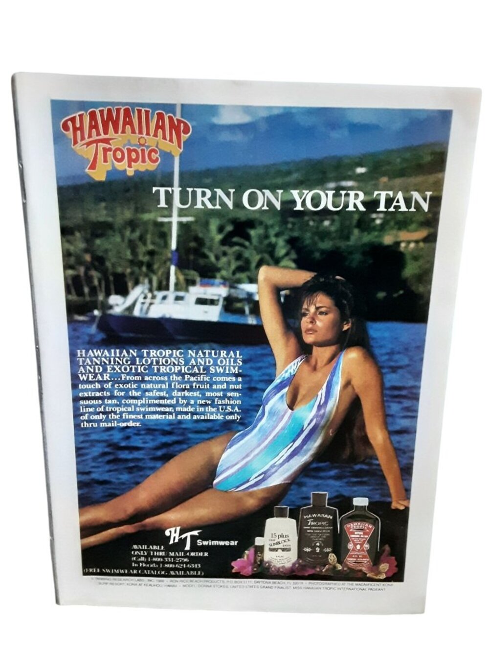 1986 Hawaiian Tropic Donna Stokes Vintage Print Ad Swimsuit Tanning Lotion